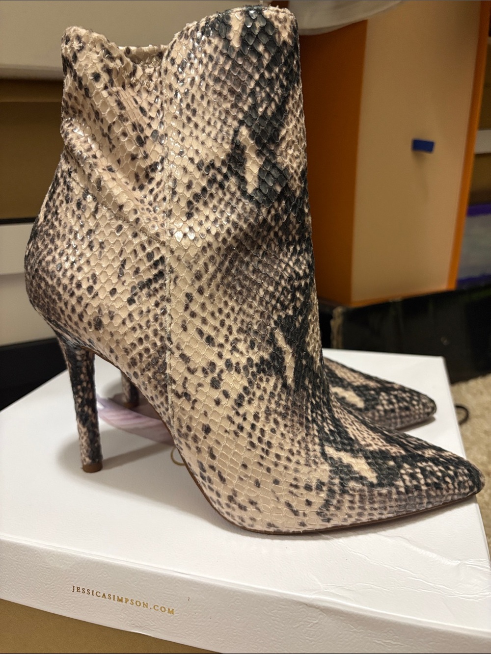 Jessica Simpson Neutral Python-Print Pointed Toe Ankle Boots - Picture 2 of 8
